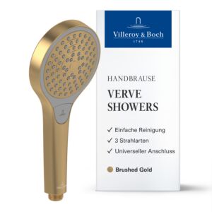 Douchette Villeroy &amp; Boch Verve TVS10900100076 Ø 110 mm, 3 jets, avec protection anti-retour, fixation murale, finition or brossé