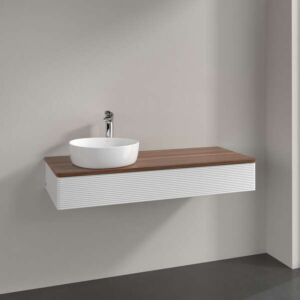 Villeroy &amp; Boch Antao vanity unit L11112GF with lighting, 1 drawer, 1200 x 190 x 500 mm, textured front, Glossy White Lacquer / Warm Walnut