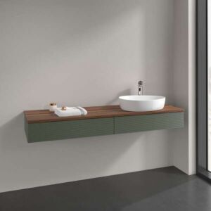 Meuble vasque Villeroy &amp; Boch Antao K16112HL 160 x 19 x 50 cm, plan vasque couleur noyer chaud, laque mate vert feuille