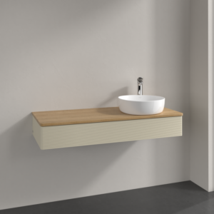 Meuble vasque Villeroy &amp; Boch Antao L12151HJ 120 x 19 x 50 cm, percé pour robinetterie, plan vasque couleur chêne miel, laque mate gris soie