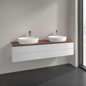 Villeroy &amp; Boch Antao vanity unit L28012GF with lighting, 4 drawers, 1600 x 360 x 500 mm, smooth front, Glossy White Lacquer / Warm Walnut