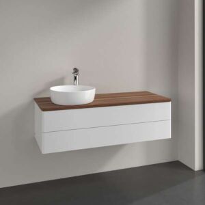 Meuble vasque Villeroy &amp; Boch Antao L22012GF avec éclairage, 2 tiroirs, 1200 x 360 x 500 mm, façade lisse, laque blanche brillante / noyer chaud