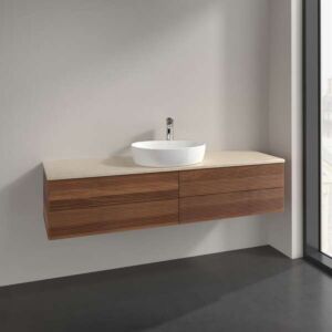 Villeroy &amp; Boch Antao vanity unit L25153HM with lighting, 4 drawers, 1600 x 360 x 500 mm, textured front, Warm Walnut / Botticino