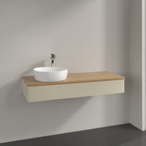 Villeroy &amp; Boch Antao vanity unit L11151HJ with lighting, 120x19x50cm, tap hole, washbasin top color honey oak, silk grey matt lacquer