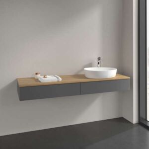 Villeroy &amp; Boch Antao vanity unit L16011GK with lighting, 2 drawers, 1600 x 190 x 500 mm, smooth front, Anthracite Matt Lacquer / Honey Oak