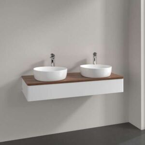 Meuble vasque Villeroy &amp; Boch Antao L13052GF avec éclairage, 1 tiroir, 1200 x 190 x 500 mm, façade lisse, laque blanche brillante / noyer chaud