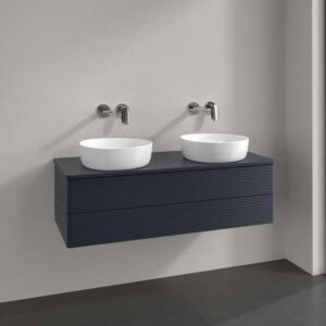Meuble vasque Villeroy &amp; Boch Antao L24150HG avec éclairage, 2 tiroirs, 1200 x 360 x 500 mm, façade texturée, laque mate bleu nuit.