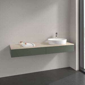 Meuble vasque Villeroy &amp; Boch Antao K16013HL 160 x 19 x 50 cm, plan vasque couleur Botticino, laque mate vert feuille