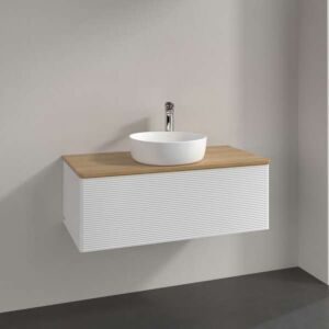 Villeroy &amp; Boch Antao vanity unit K31151GF 100x36x50cm, tap hole, washbasin top color honey oak, glossy white lacquer