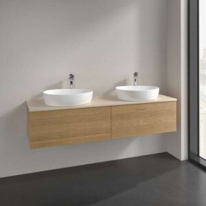 Villeroy &amp; Boch Antao vanity unit L39153HN with lighting, 2 drawers, 1600 x 360 x 500 mm, textured front, Honey Oak / Botticino