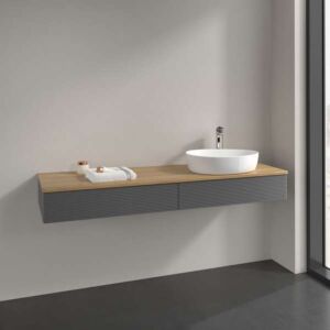 Villeroy &amp; Boch Antao vanity unit L16111GK with lighting, 2 drawers, 1600 x 190 x 500 mm, textured front, Anthracite Matt Lacquer / Honey Oak
