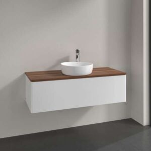 Villeroy &amp; Boch Antao vanity unit L32052GF with lighting, 1 drawer, 1200 x 360 x 500 mm, smooth front, Glossy White Lacquer / Warm Walnut