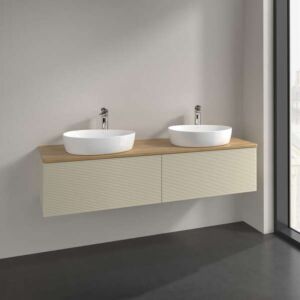 Villeroy und Boch Antao Waschtisch-Unterschrank L39151HJ mit Beleuchtung, 2 Auszüge, 1600 x 360 x 500 mm, Front mit Struktur, Silk Grey Matt Lacquer / Honey Oak