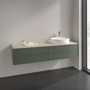 Villeroy &amp; Boch Antao vanity unit L27013HL with lighting, 4 drawers, 1600 x 360 x 500 mm, smooth front, Leaf Green Matt Lacquer / Botticino