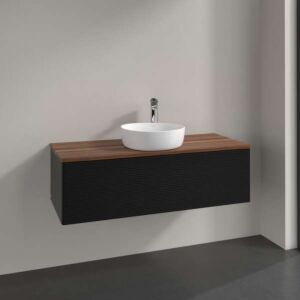Meuble vasque Villeroy &amp; Boch Antao L32112PD avec éclairage, 1 tiroir, 1200 x 360 x 500 mm, façade texturée, laque noire mate / noyer chaud