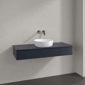 Meuble vasque Villeroy &amp; Boch Antao L10050HG avec éclairage, 1 tiroir, 1200 x 190 x 500 mm, façade lisse, laque mate bleu nuit.