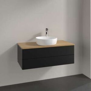 Meuble vasque Villeroy &amp; Boch Antao L20051PD avec éclairage, 2 tiroirs, 1000 x 360 x 500 mm, façade lisse, laque noire mate / chêne miel