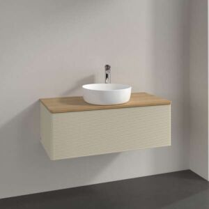 Villeroy &amp; Boch Antao vanity unit L31111HJ with lighting, 1 drawer, 1000 x 360 x 500 mm, textured front, Silk Grey Matt Lacquer / Honey Oak