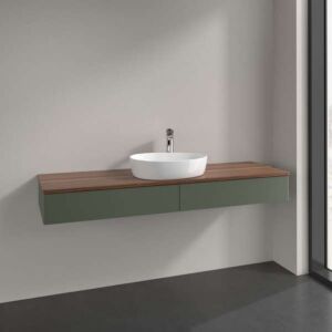 Villeroy und Boch Antao Waschtisch-Unterschrank L14012HL mit Beleuchtung, 2 Auszüge, 1600 x 190 x 500 mm, Front ohne Struktur, Leaf Green Matt Lacquer / Warm Walnut