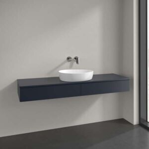 Villeroy &amp; Boch Antao vanity unit L14050HG with lighting, 2 drawers, 1600 x 190 x 500 mm, smooth front, Midnight Blue Matt Lacquer / Midnight Blue Matt Lacquer