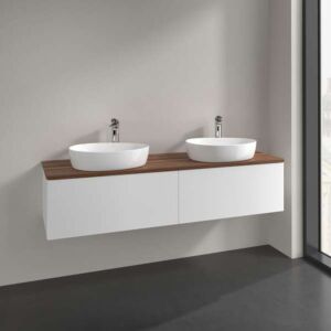 Meuble vasque Villeroy &amp; Boch Antao L39052MT avec éclairage, 2 tiroirs, 1600 x 360 x 500 mm, façade lisse, laque blanche mate / noyer chaud