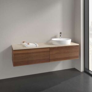 Villeroy &amp; Boch Antao vanity unit L38153HM with lighting, 2 drawers, 1600 x 360 x 500 mm, textured front, Warm Walnut / Botticino
