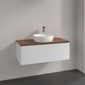 Meuble vasque Villeroy &amp; Boch Antao K31152GF 100 x 36 x 50 cm, percé pour robinetterie, plan vasque couleur noyer chaud, laque blanche brillante