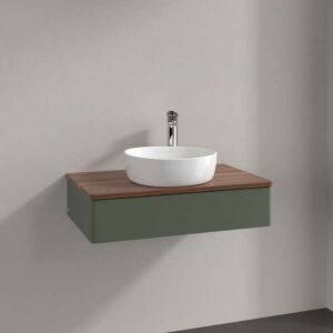 Villeroy &amp; Boch Antao vanity unit L08012HL with lighting, 1 drawer, 800 x 190 x 500 mm, smooth front, Leaf Green Matt Lacquer / Warm Walnut