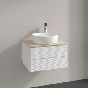 Villeroy und Boch Antao Waschtisch-Unterschrank L18113MT mit Beleuchtung, 2 Auszüge, 600 x 360 x 500 mm, Front mit Struktur, White Matt Lacquer / Botticino