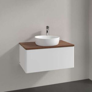 Meuble vasque Villeroy &amp; Boch Antao K30052MT 80x36x50cm, percé pour robinetterie, plan vasque couleur noyer chaud, laque blanche mate