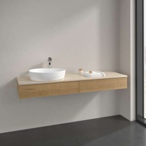Meuble vasque Villeroy &amp; Boch Antao L15113HN avec éclairage, 2 tiroirs, 1600 x 190 x 500 mm, façade texturée, Chêne Miel / Botticino