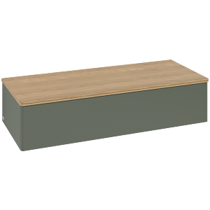 Villeroy und Boch Antao Sideboard L41001HL mit Beleuchtung, 1 Auszug, 1200 x 268 x 500 mm, Front ohne Struktur, Leaf Green Matt Lacquer / Honey Oak