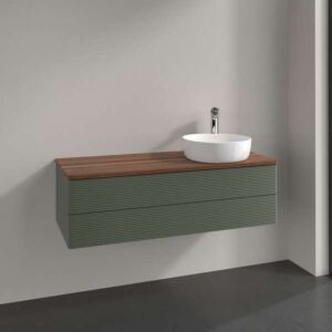 Meuble-lavabo Villeroy &amp; Boch Antao L23152HL avec éclairage, 2 tiroirs, 1200 x 360 x 500 mm, façade texturée, laque mate Vert Feuille / Noyer Chaud
