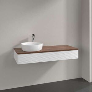 Meuble vasque Villeroy &amp; Boch Antao K11152MT 120 x 19 x 50 cm, percé pour robinetterie, plan vasque couleur noyer chaud, laque blanche mate