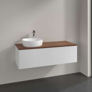 Villeroy und Boch Antao Waschtisch-Unterschrank K33052GF 120x36x50cm, Hahnloch, Waschbeckenplattenfarbe warm walnut, glossy white lacquer