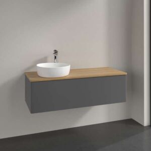 Villeroy und Boch Antao Waschtisch-Unterschrank L33051GK mit Beleuchtung, 1 Auszug, 1200 x 360 x 500 mm, Front ohne Struktur, Anthracite Matt Lacquer / Honey Oak