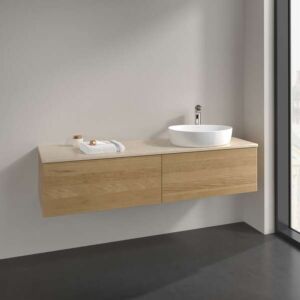 Meuble vasque Villeroy &amp; Boch Antao L38053HN avec éclairage, 2 tiroirs, 1600 x 360 x 500 mm, façade lisse, chêne miel / Botticino