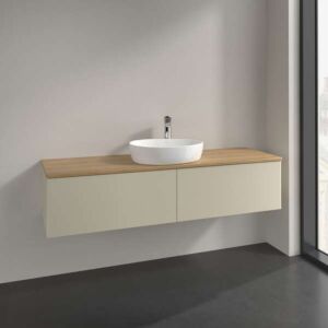 Villeroy &amp; Boch Antao vanity unit L36051HJ with lighting, 2 drawers, 1600 x 360 x 500 mm, smooth front, Silk Grey Matt Lacquer / Honey Oak, tap hole, washbasin top color honey oak, silk grey matt lacquer