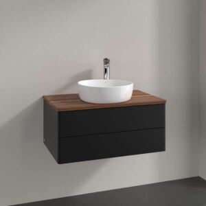 Villeroy und Boch Antao Waschtisch-Unterschrank K19052PD 80x36x50cm, Hahnloch, Waschbeckenplattenfarbe warm walnut, black matt lacquer