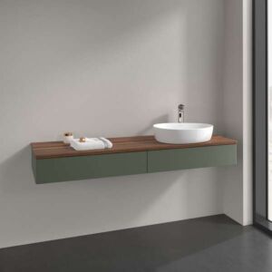 Meuble vasque Villeroy &amp; Boch Antao K16052HL 160 x 19 x 50 cm, percé pour robinetterie, plan vasque couleur noyer chaud, laque mate vert feuille