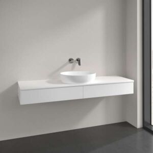 Meuble vasque Villeroy &amp; Boch Antao L14050MT avec éclairage, 2 tiroirs, 1600 x 190 x 500 mm, façade lisse, laque blanche mate / laque blanche mate