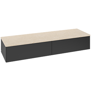 Villeroy &amp; Boch Antao Sideboard L42003PD with lighting, 2 drawers, 1600 x 268 x 500 mm, smooth front, Black Matt Lacquer / Botticino