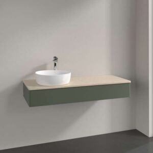 Meuble vasque Villeroy &amp; Boch Antao K11013HL 120 x 19 x 50 cm, plan vasque couleur Botticino, laque mate vert feuille