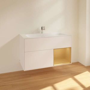 Villeroy und Boch Finion Waschtischunterschrank F040HFMT mit Beleuchtung, 2 Auszüge, 996 x 591 x 498 mm, White Matt Lacquer / Gold Matt Lacquer