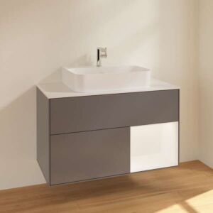 Villeroy &amp; Boch Finion vanity unit F121MTGK with lighting, 2 drawers, 1000 x 603 x 501 mm, Anthracite Matt Lacquer / White Matt Lacquer / Glass White Matt