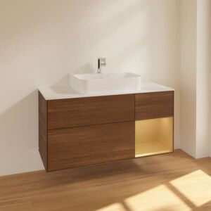 Villeroy &amp; Boch Finion vanity unit F171HFGN with lighting, 1200 x 603 x 501 mm, white matt top panel, gold matt shelf on the right, walnut veneer