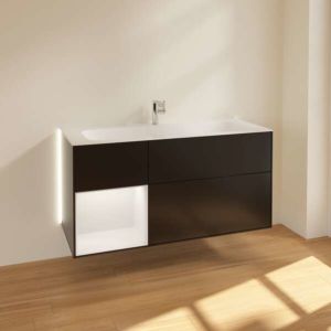 Meuble sous-vasque Villeroy et Boch Finion G060HFPD avec éclairage, 3 tiroirs, 1196 x 591 x 498 mm, laqué noir mat / laqué or mat