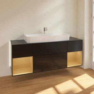 Villeroy and Boch Finion vanity unit G212HFPD with lighting, 4 drawers, 1600 x 603 x 501 mm, Black Matt Lacquer / Gold Matt Lacquer / Glass Black Matt
