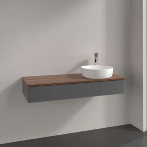 Meuble vasque Villeroy &amp; Boch Antao K12052GK 120 x 19 x 50 cm, percé pour robinetterie, plan vasque couleur noyer chaud, laque anthracite mate