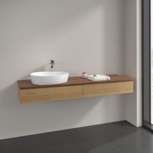 Meuble sous-vasque Villeroy et Boch Antao K15152HN 160x19x50cm, trou pour robinetterie, plan de toilette couleur noyer chaud, chêne miel